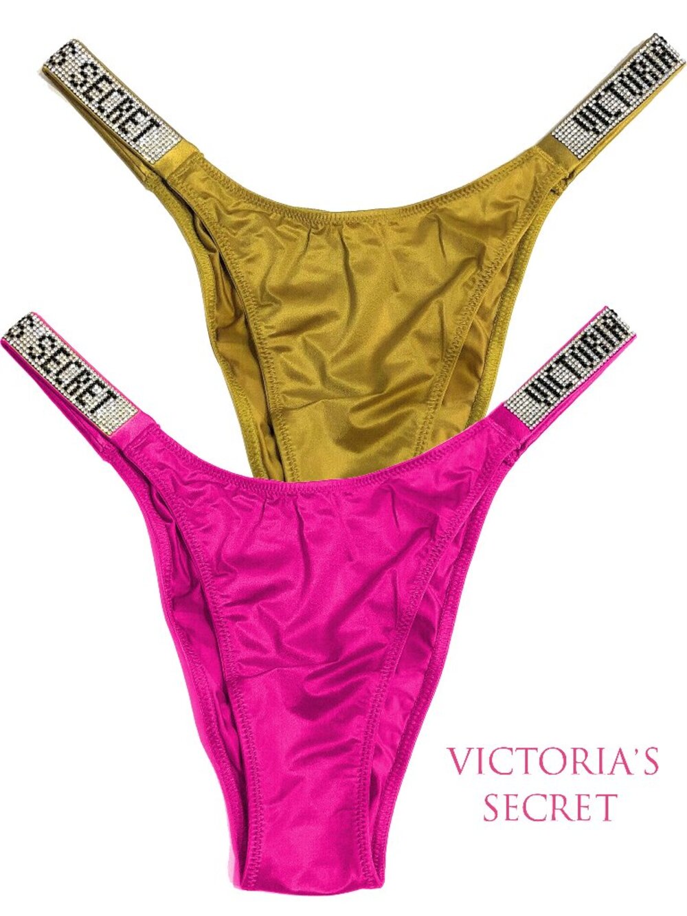 2XPair VS Very Sexy Brazillian Shine Thong Panty Panties Rhinestone Logo Straps